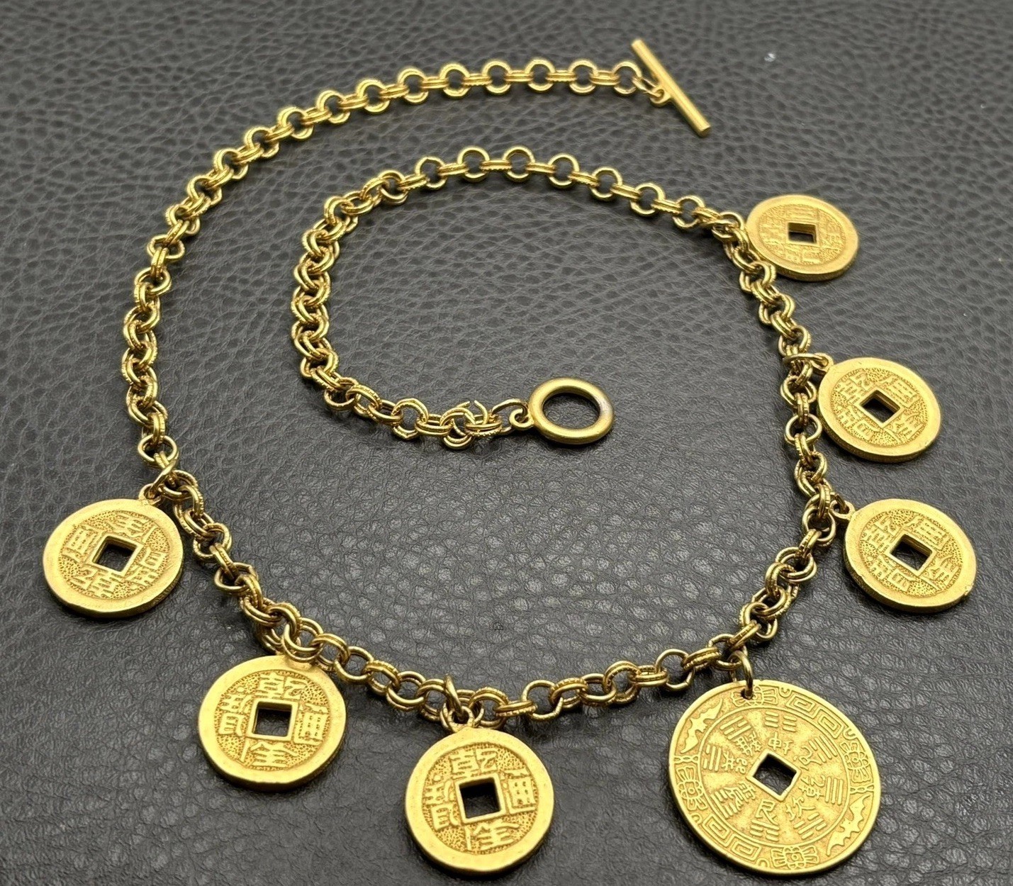 VTG Gold Tone Chinese Asian Style Coin Bib Charm Necklace Statement 23” Long