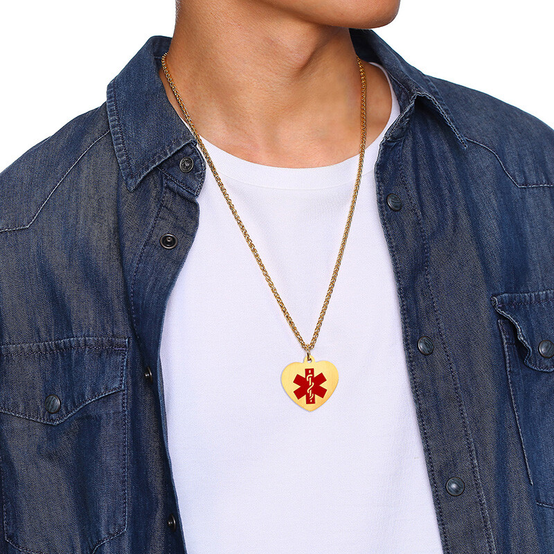 Medical Alert ID Women Men Necklace Love Heart Pendant Personalized Engraving
