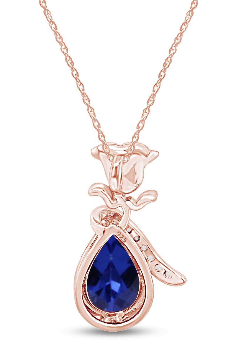 Simulated Sapphire Rose Teardrop Pendant Necklace 14K Rose Gold Plated Silver