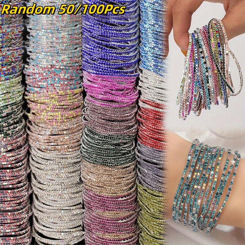50/100 PCS (Random) Multicolor Rhinestone Elastic Stackable Bracelet Set