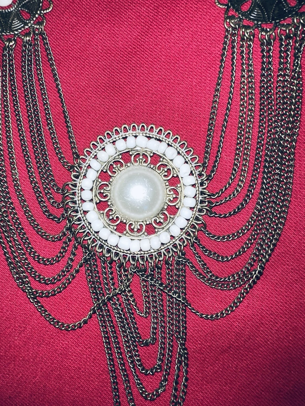 Silver Statement Bib Necklace With Round Pendant And Multi-Chain Metalwork