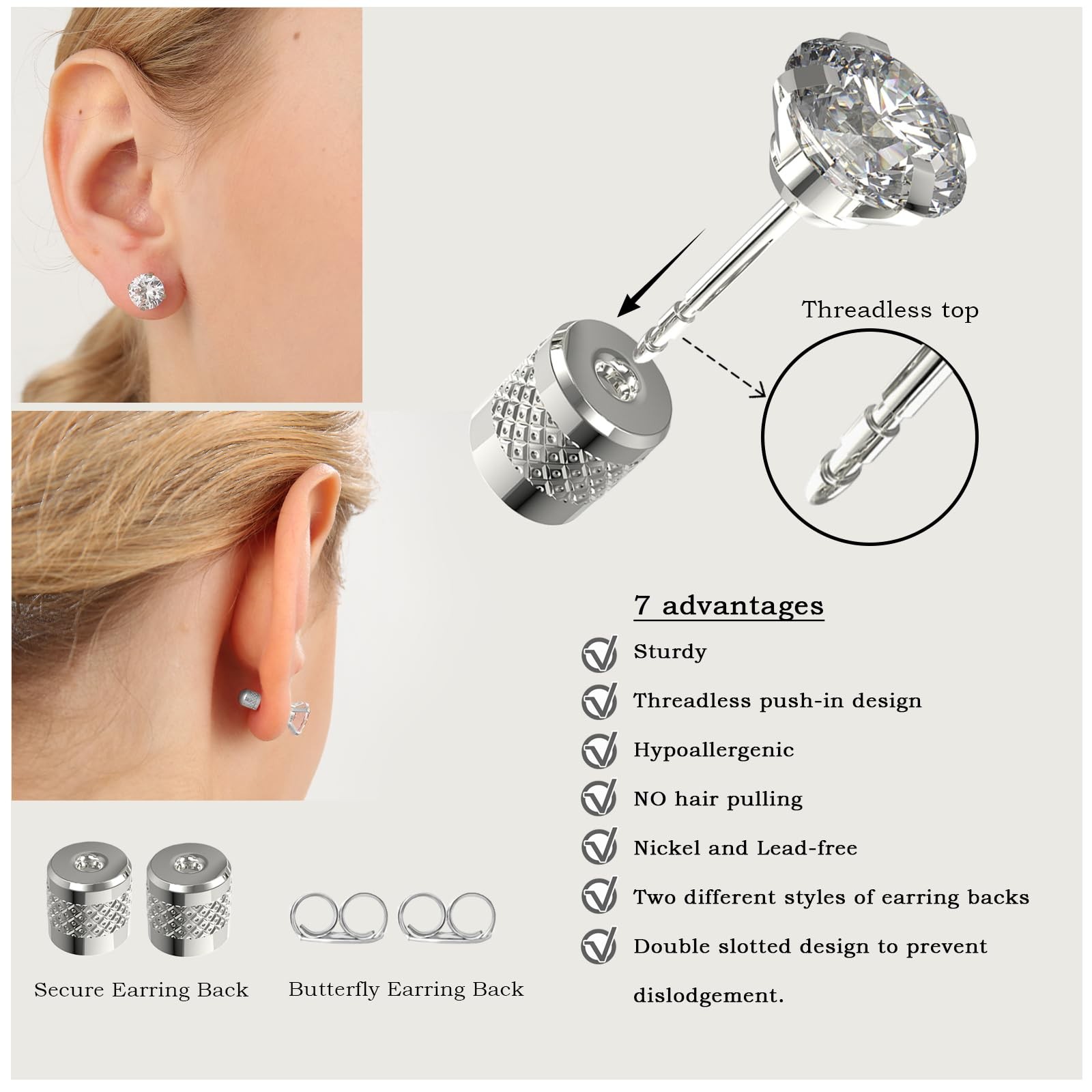 5 pairs Push-in Flat Back Stud 4mm, 5mm, 6mm, 7mm, 8mm, Silver-4/5/6/7/8/mm