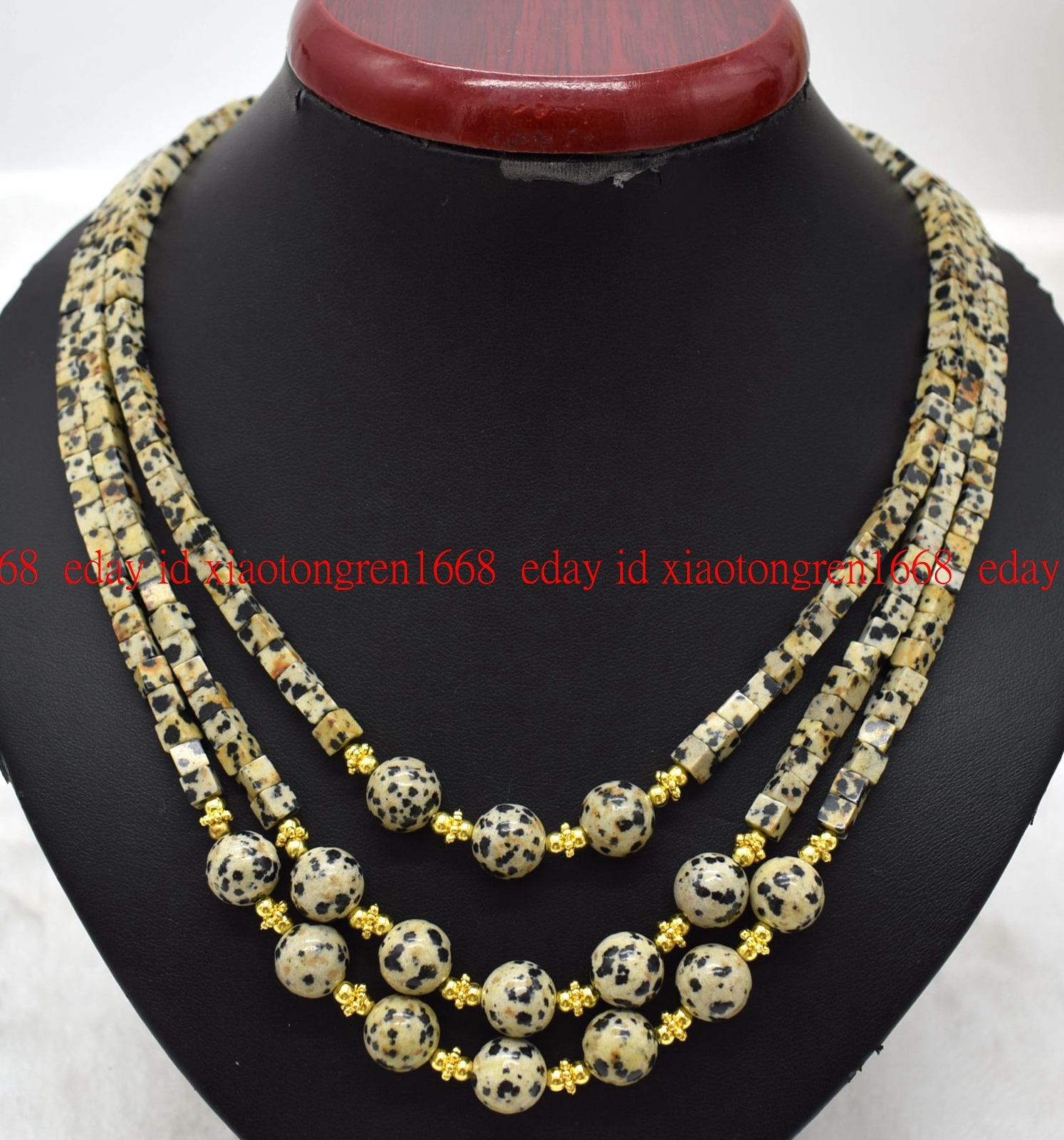 3 Rows 5x5mm Dalmatian Jasper Square Gemstone Beads Necklace 17-19”
