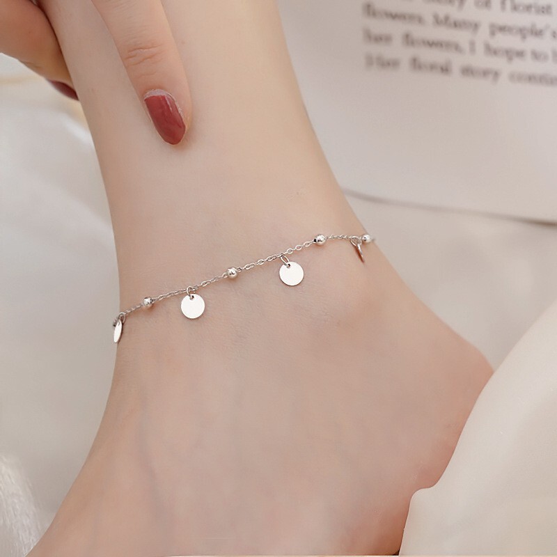9.5″ Silver Anklet Bracelet Barefoot Sandal Beach Foot Round Dot Disc Chain I77