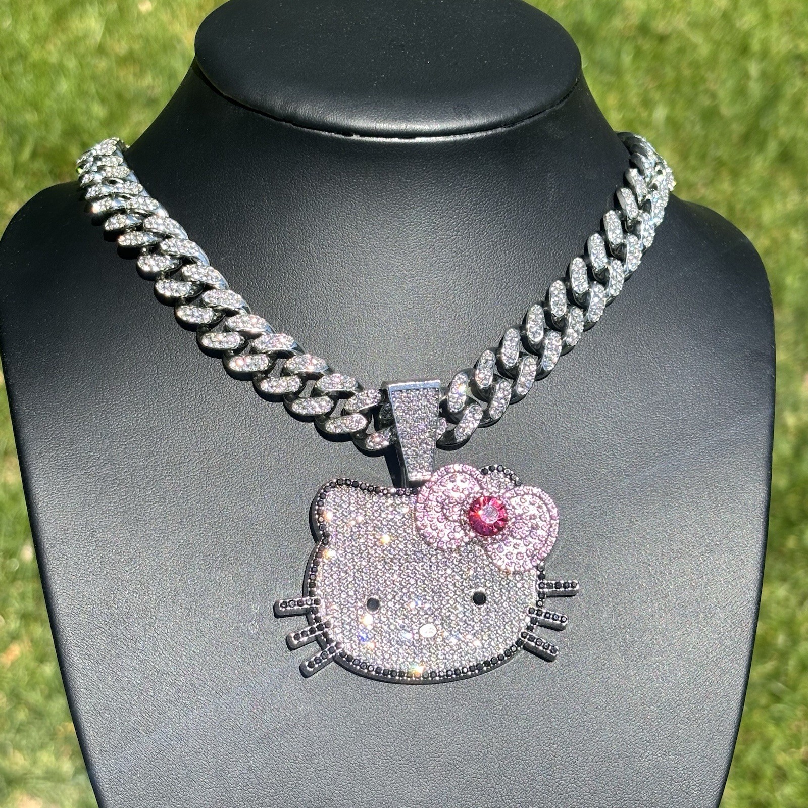 Hello Kitty Pendant / Iced out Cuban Link Chain Necklace White Gold Plated