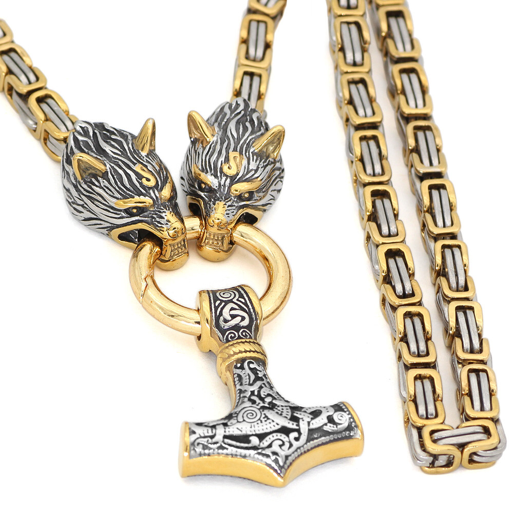 Men’s Stainless Steel Nordic Viking Wolf &Thor Hammer Mjolnir Pendant Necklace