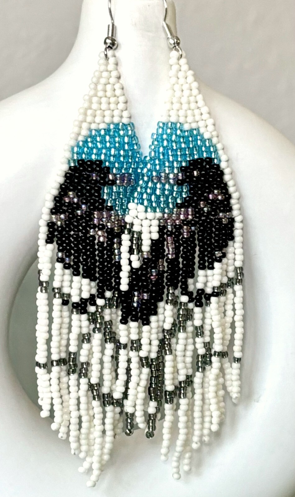 Hand Beaded Black Raven Crow on Branch Seed Bead Tasseled Dangle Earrings New