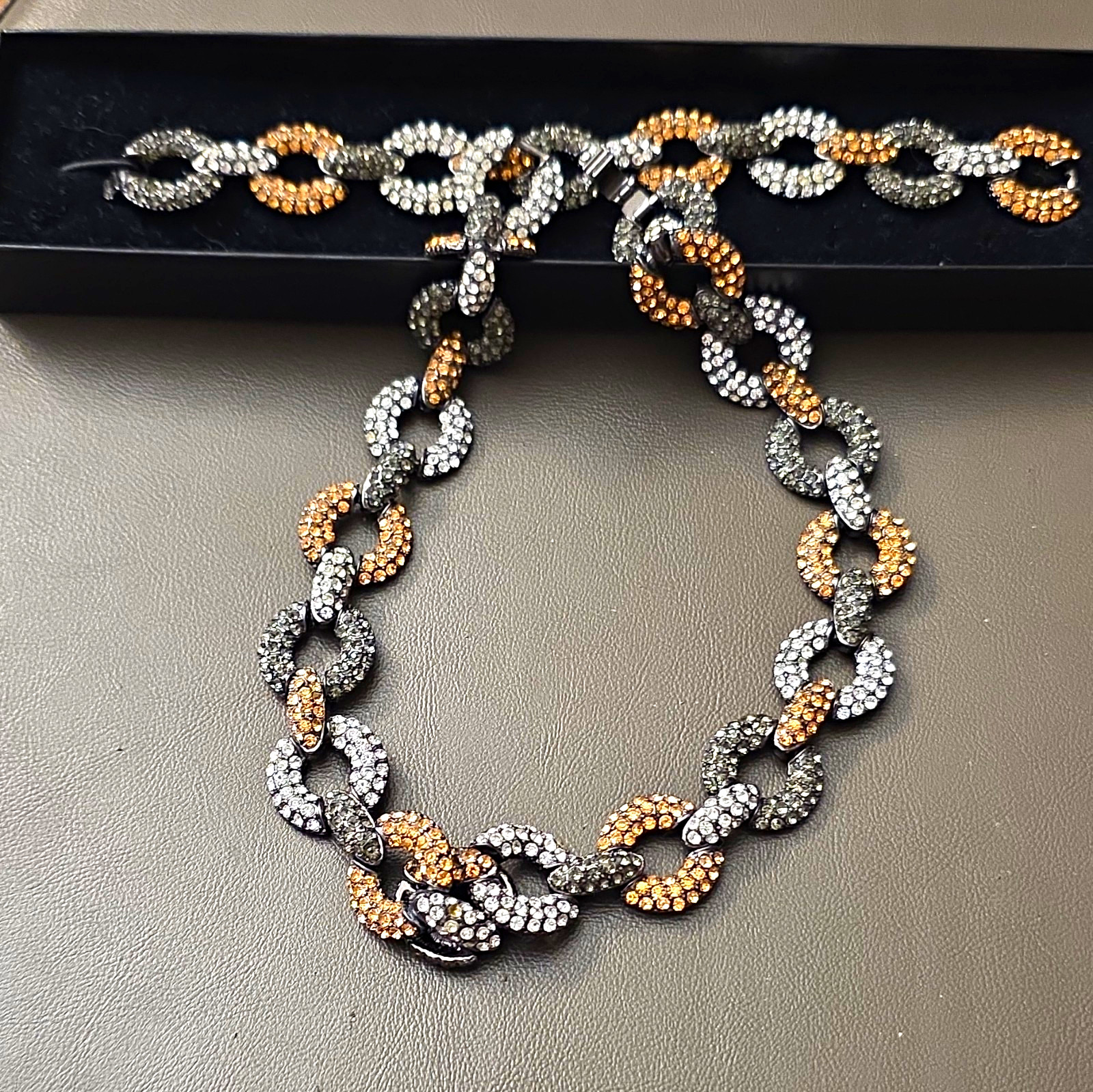 Two Toned Round Rhinestone Chain Necklace & Bracelet Jewelry Set