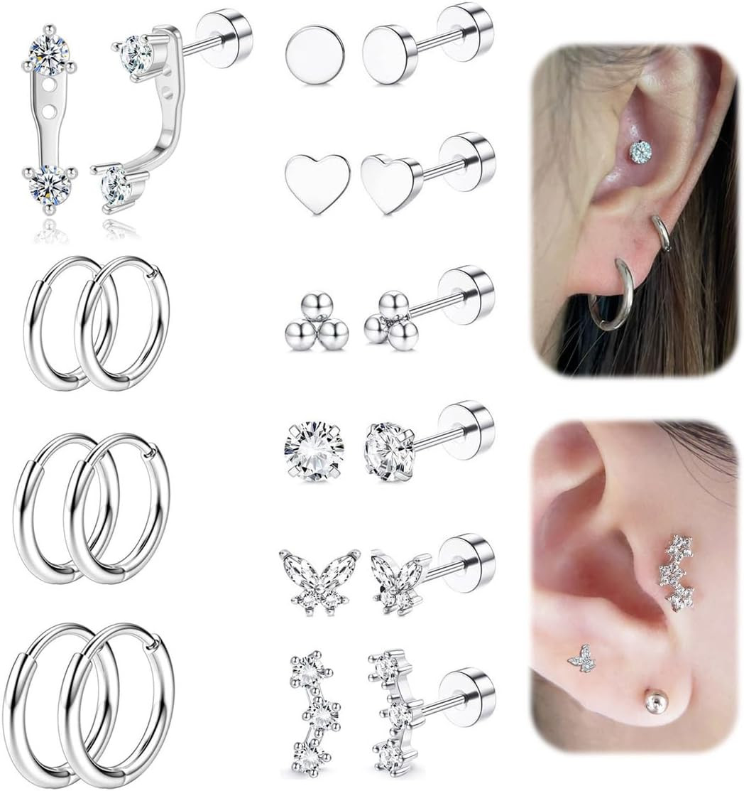 10Pairs 14K Gold Plated Hypoallergenic Surgical Steel Flat Back Earrings for Sen