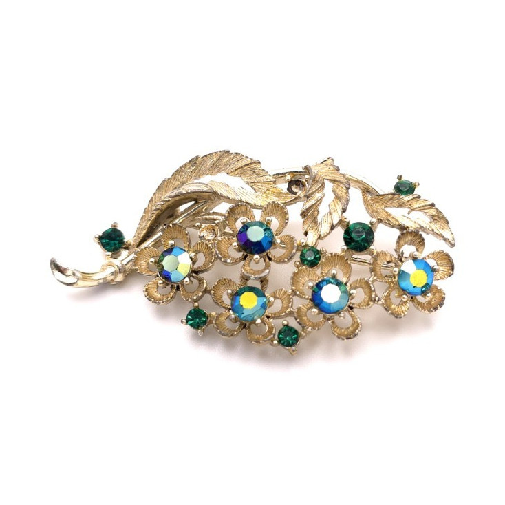 Vintage Lisner Gold Tone Leaf Rhinestone Brooch Blue & Green Aurora Borealis