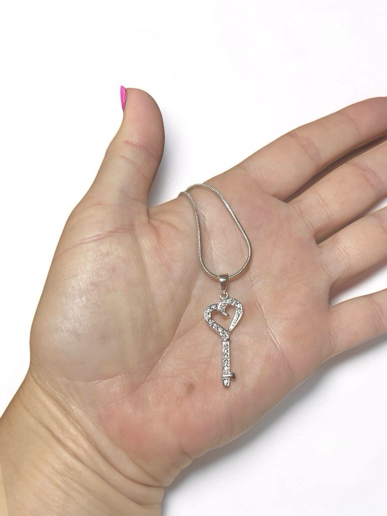 925 Sterling Silver Heart Key Pavé CZ w/Monet Silver Tone Snake Chain Necklace