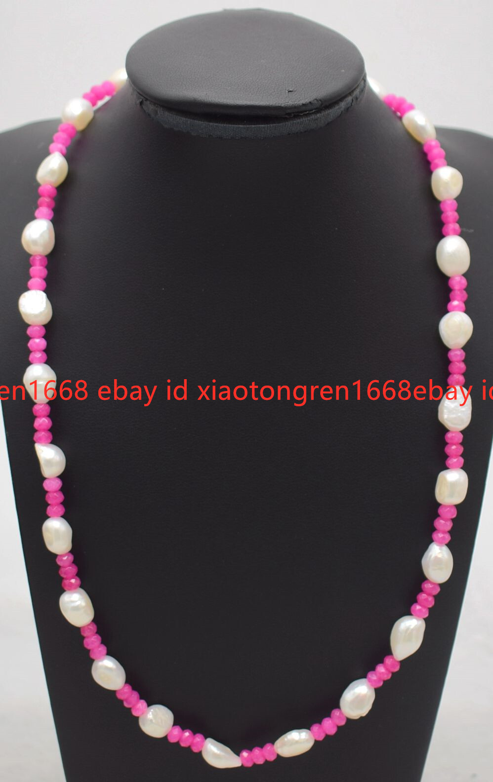 Pretty Natural 7-8mm White Baroque Pearl 2x4mm Faceted Rose Red Jade necklace