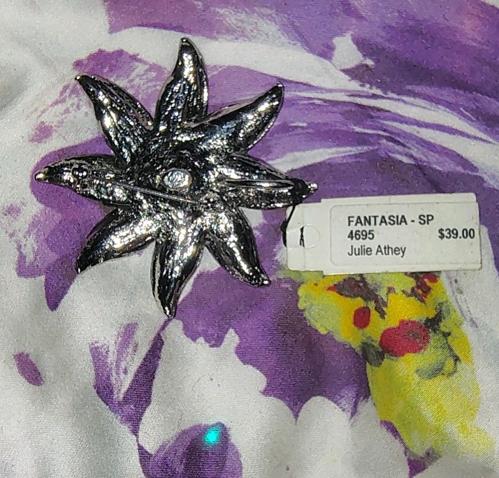 Premier Designs Flower Brooch Silver Purple & Pink stones W/Pearl Signed Fantasi