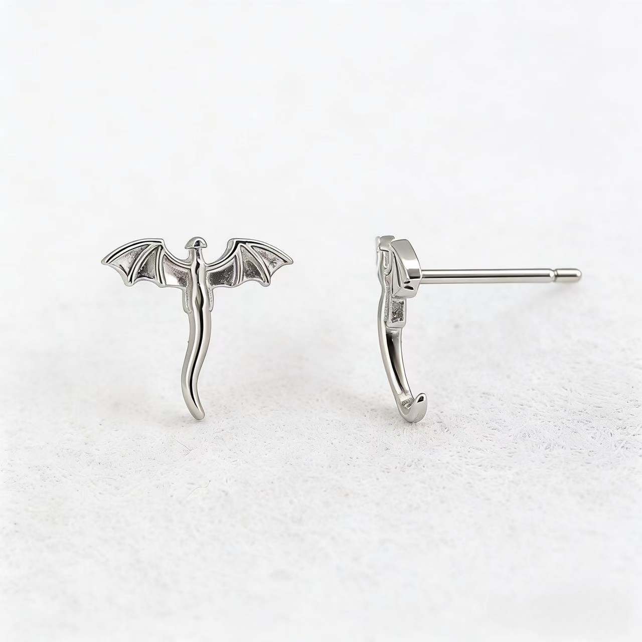 14K White Gold Plated Dragon Wing Stud Earrings – Gothic Fantasy Jewelry