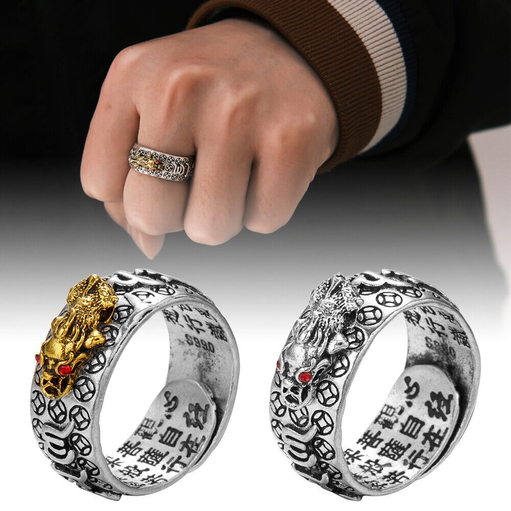 Auspicious Feng Shui Pixiu Ring Adjustable Ring Buddha Charm Ring Silver Gold US