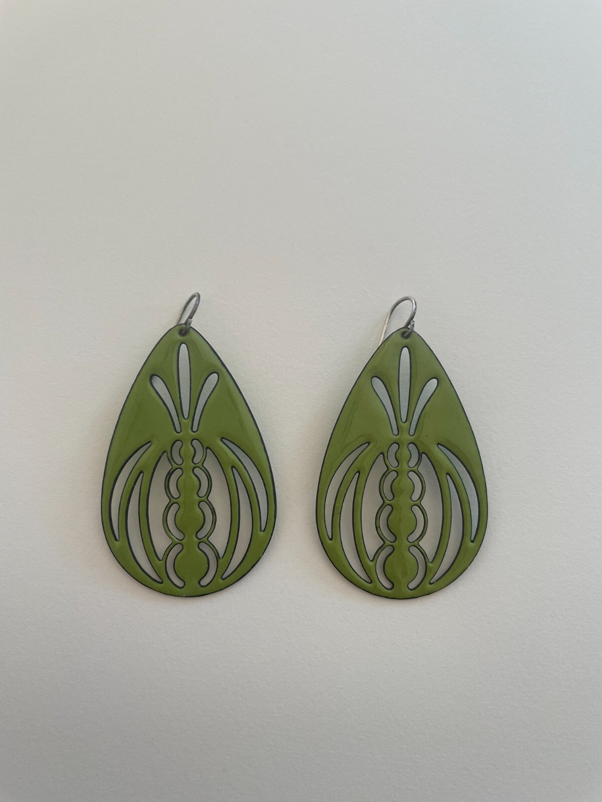 Vitreous Enamel Handcut Copper Earrings Art Deco Mod Geometric Handmade USA 2″