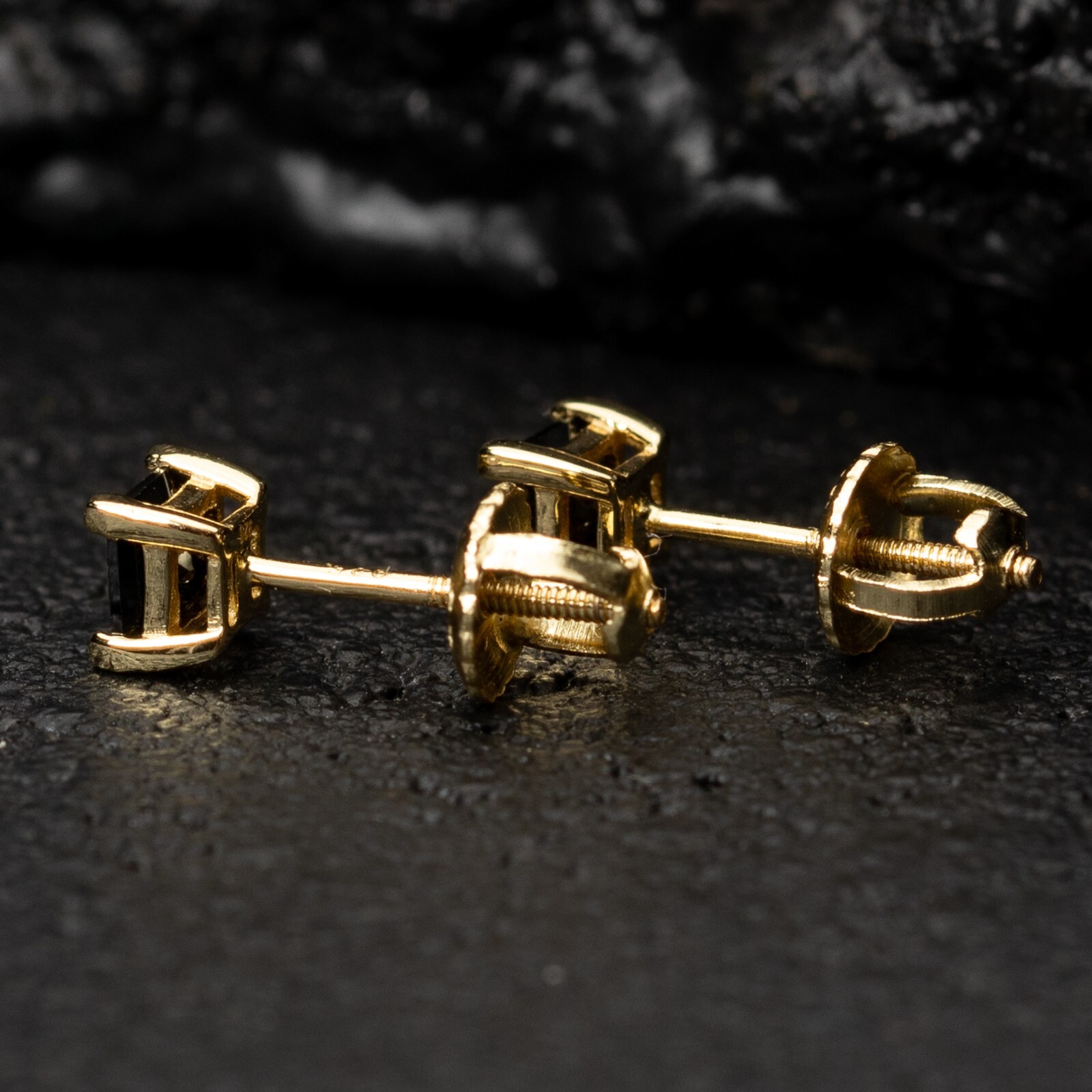 Small Mens Yellow Gold 925 Sterling Silver Black Onyx Princess Cut Stud Earrings
