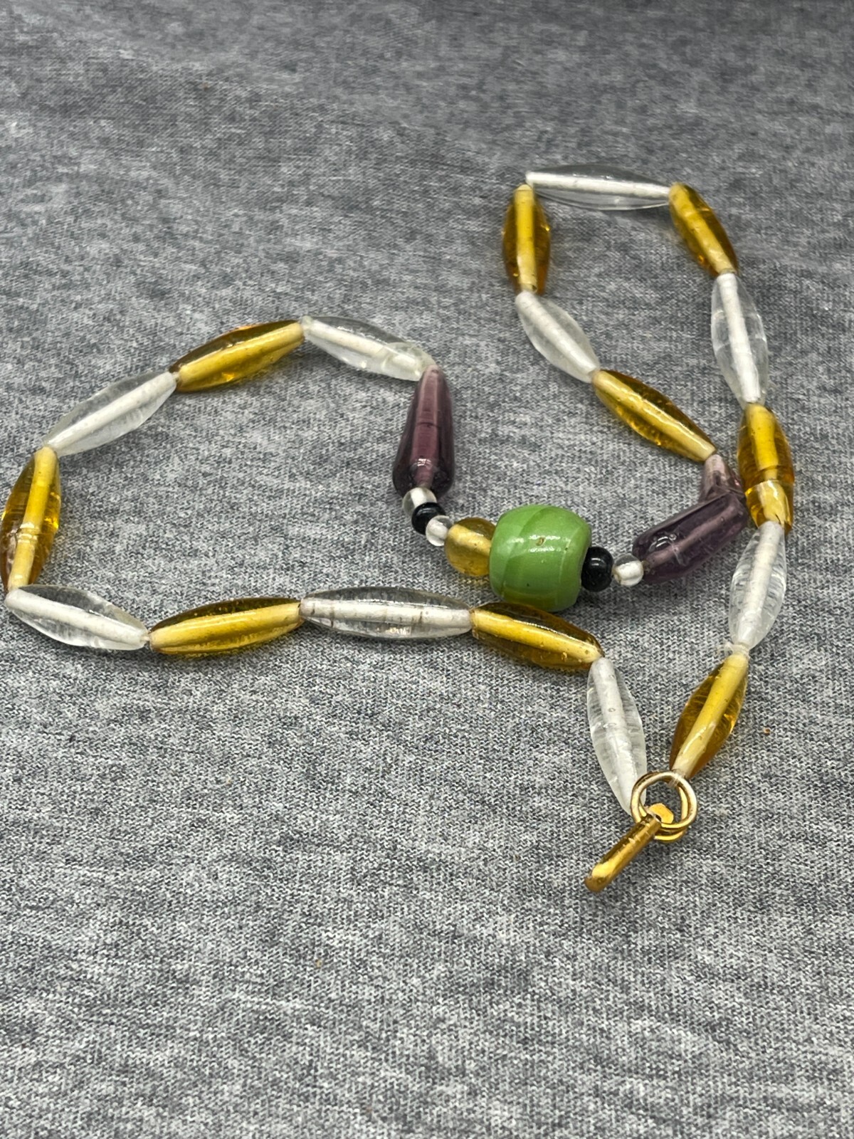 Yellow White Purple Cylinder Bead Necklace 17″ Nylon with 8″ Drop Green Accent