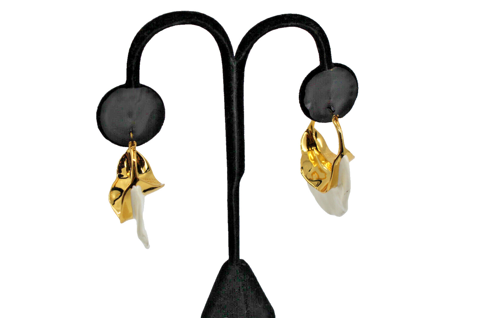 B8 Celine Gold Tone & White Textured Swirl Phoebe Philo Collection Hoop Earrings