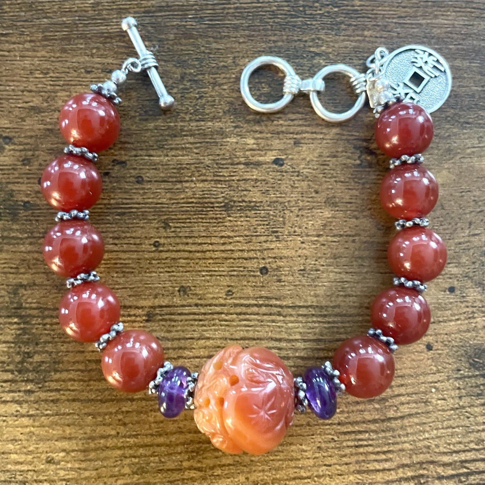 Chinese Export Sterling Silver Carved Carnelian/Amethyst Stone Beaded Bracelet