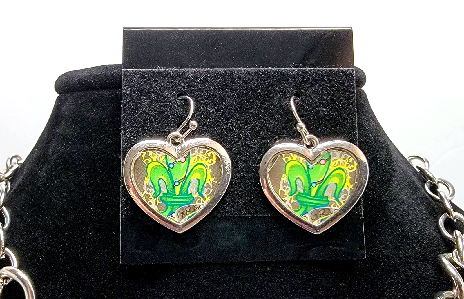 Ed Hardy Style Y2K Chunky Charm Necklace Earring Set Turquoise Heart Tattoo Art