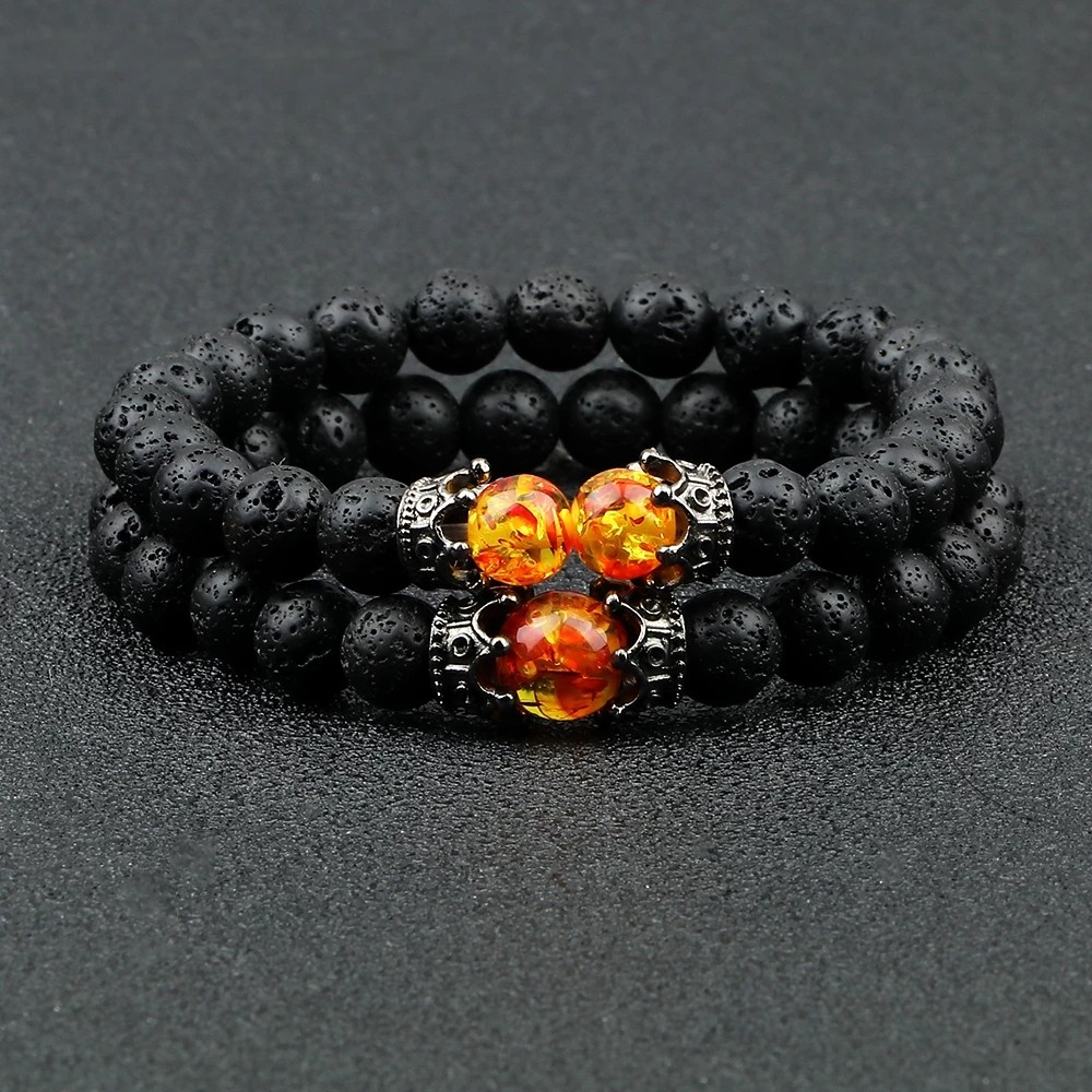 Black Lava Stone Crown Charm Tiger Eye Beads Braided Bracelet For Men Women Gift
