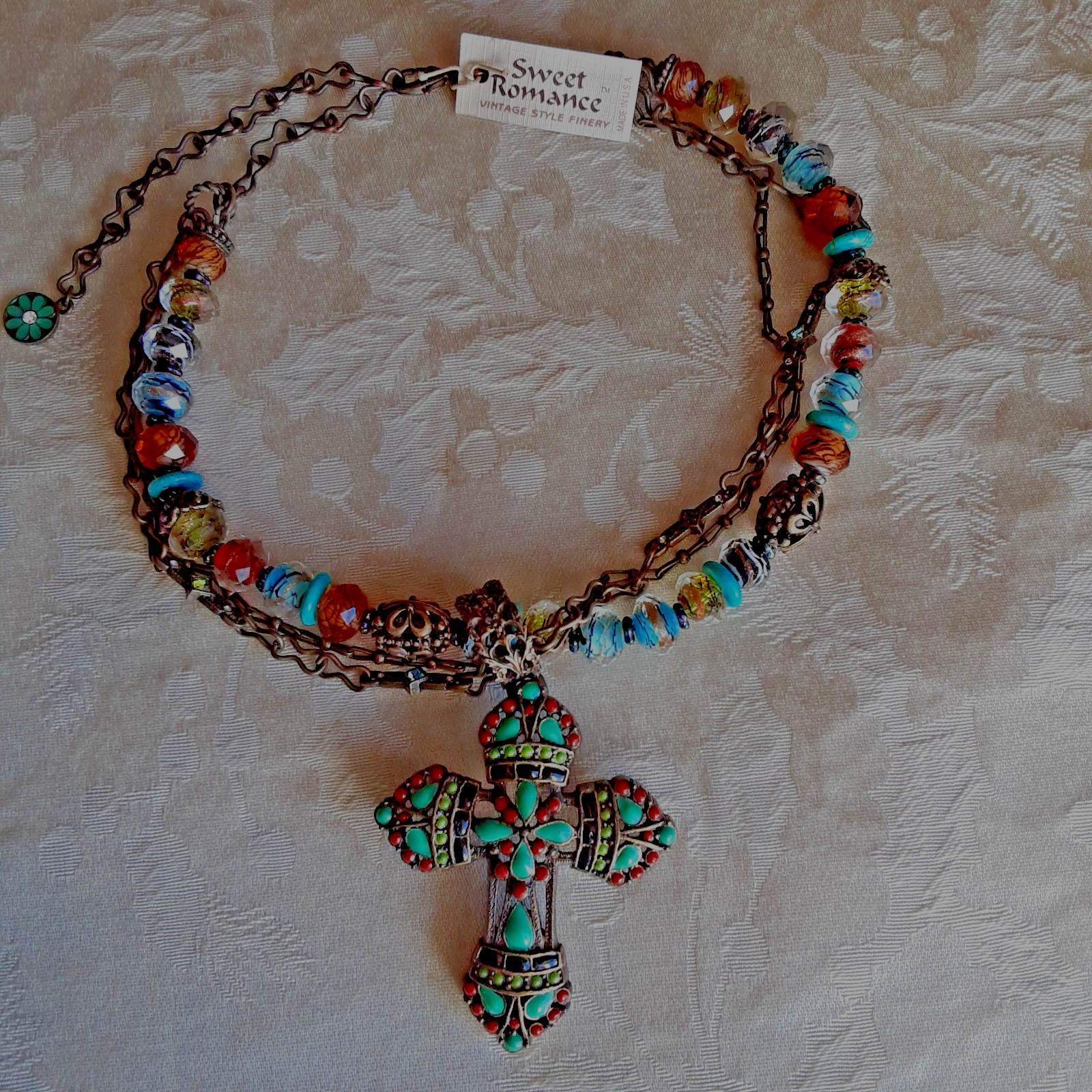 Sweet Romance Mayan Dimensional Cross Necklace Glass Beads & Stones NEW