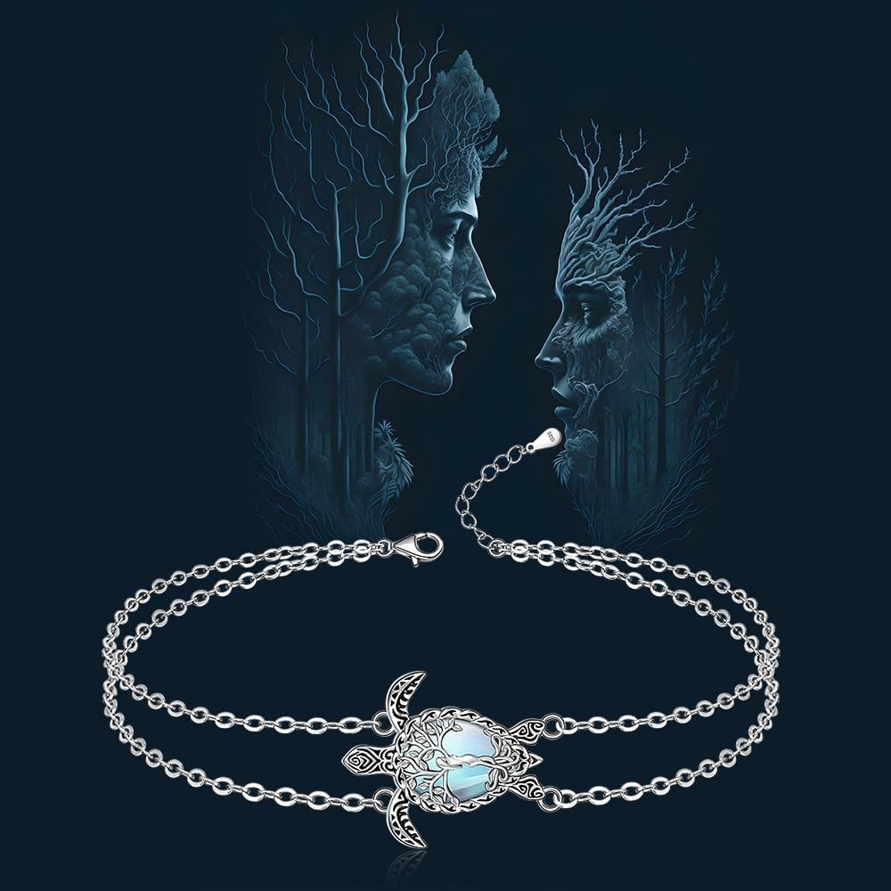 Turtle Necklace Anklet Set Moonstone Tree of Life Gift for Women Sterling Silver