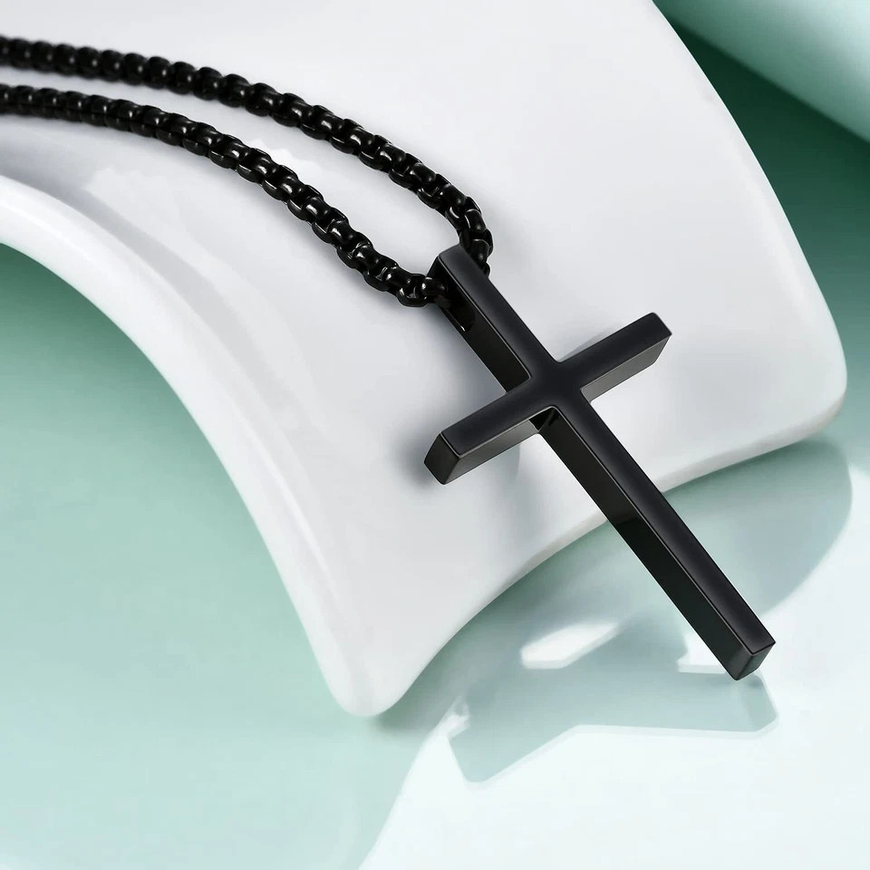 Men Women Plain Cross Necklace Stainless Steel Simple Pendant Box Chain 24″