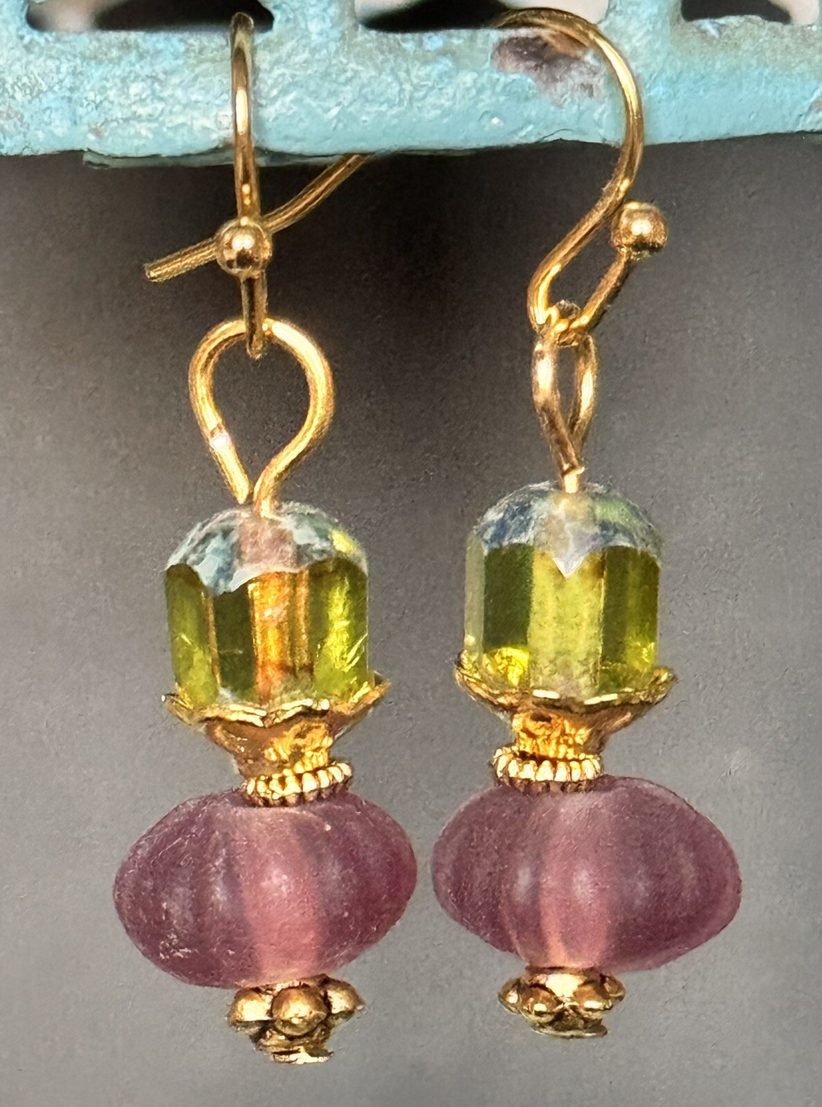 Little Gold, Purple and Green Frosted Glass Bead Earrings.