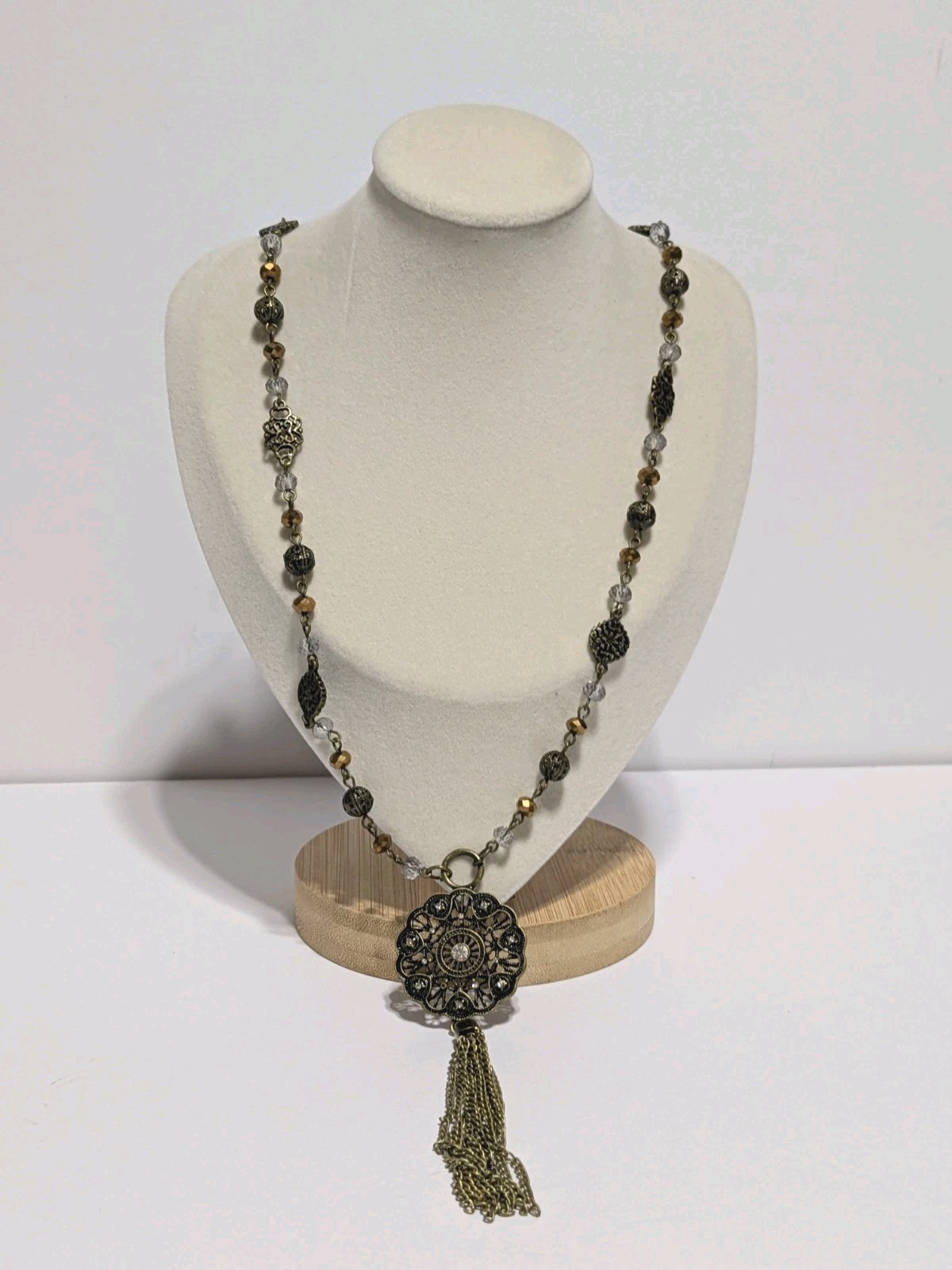 Gold Tone Y Drop Tassel Pendant Necklace With Acrylic Beads & Rhinestones 28″