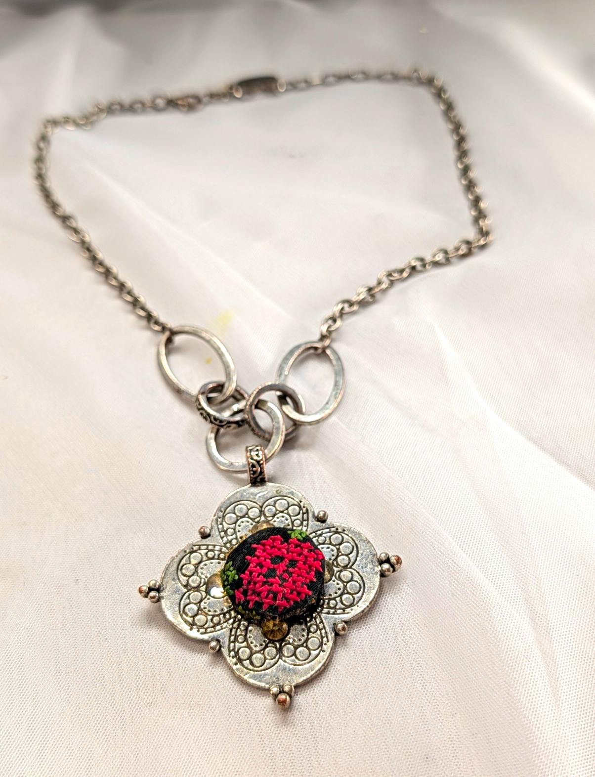 Vintage H. DUBIN Signed Silver Tone Quatrefoil Cross Stitch Embroidered Flower