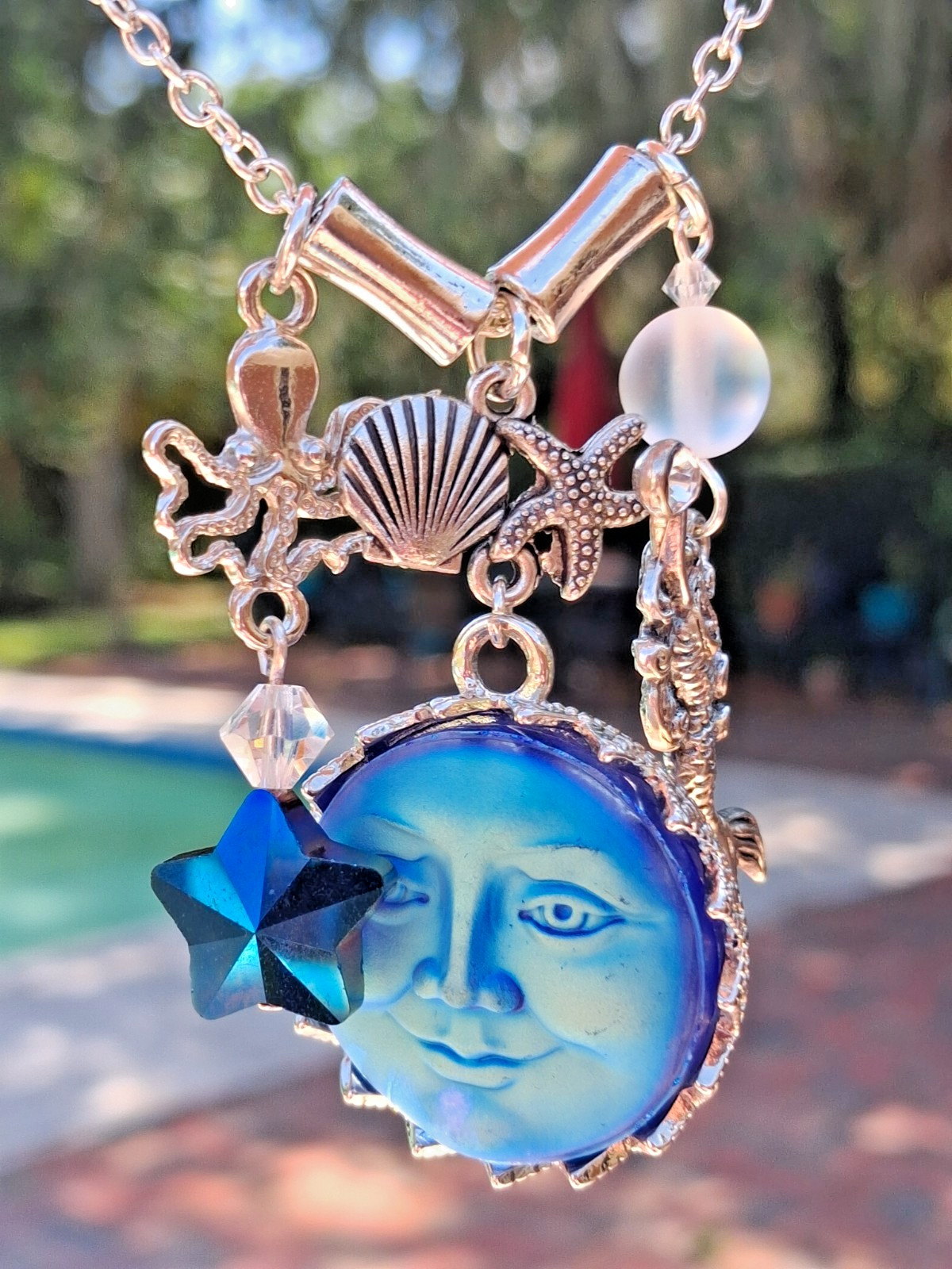 Seaview Iridescent Blue Moon Face Mermaid Octopus Charm Pendant Silver Necklace