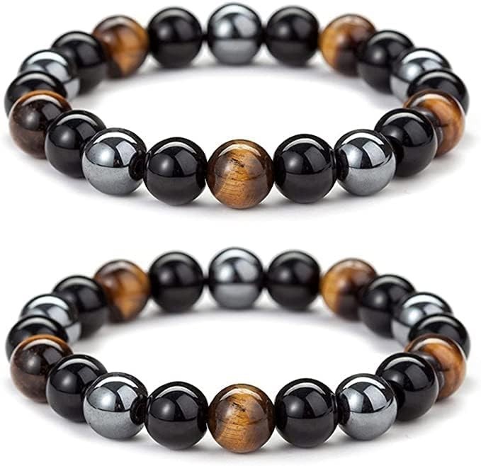 Black Obsidian Hematite Tiger Eye Triple Protection Bracelet Natural Stone 10mm