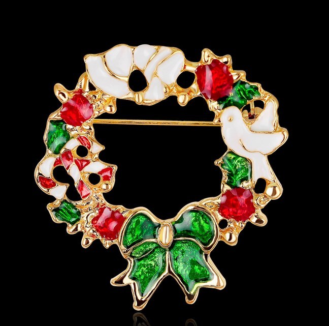 Rose Gold Christmas Bowtie Wreath Blouse Enamel Crystal Tip Brooch Pin Gift