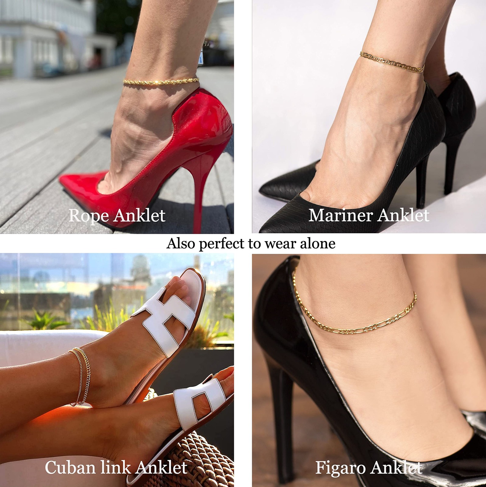 DEARMAY 14K Gold Plated Ankle Bracelets for Women Anklets Herringbone Cuban L…