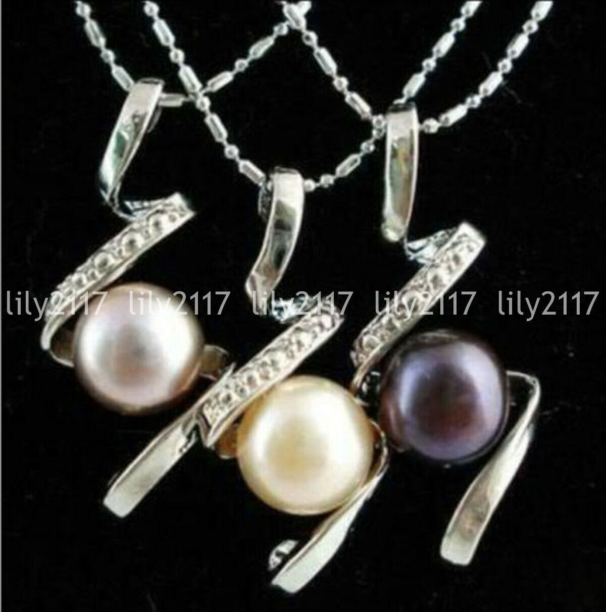 3pcs Black White Purple 8-9mm Akoya Natural Pearl Pendants Necklace 17″