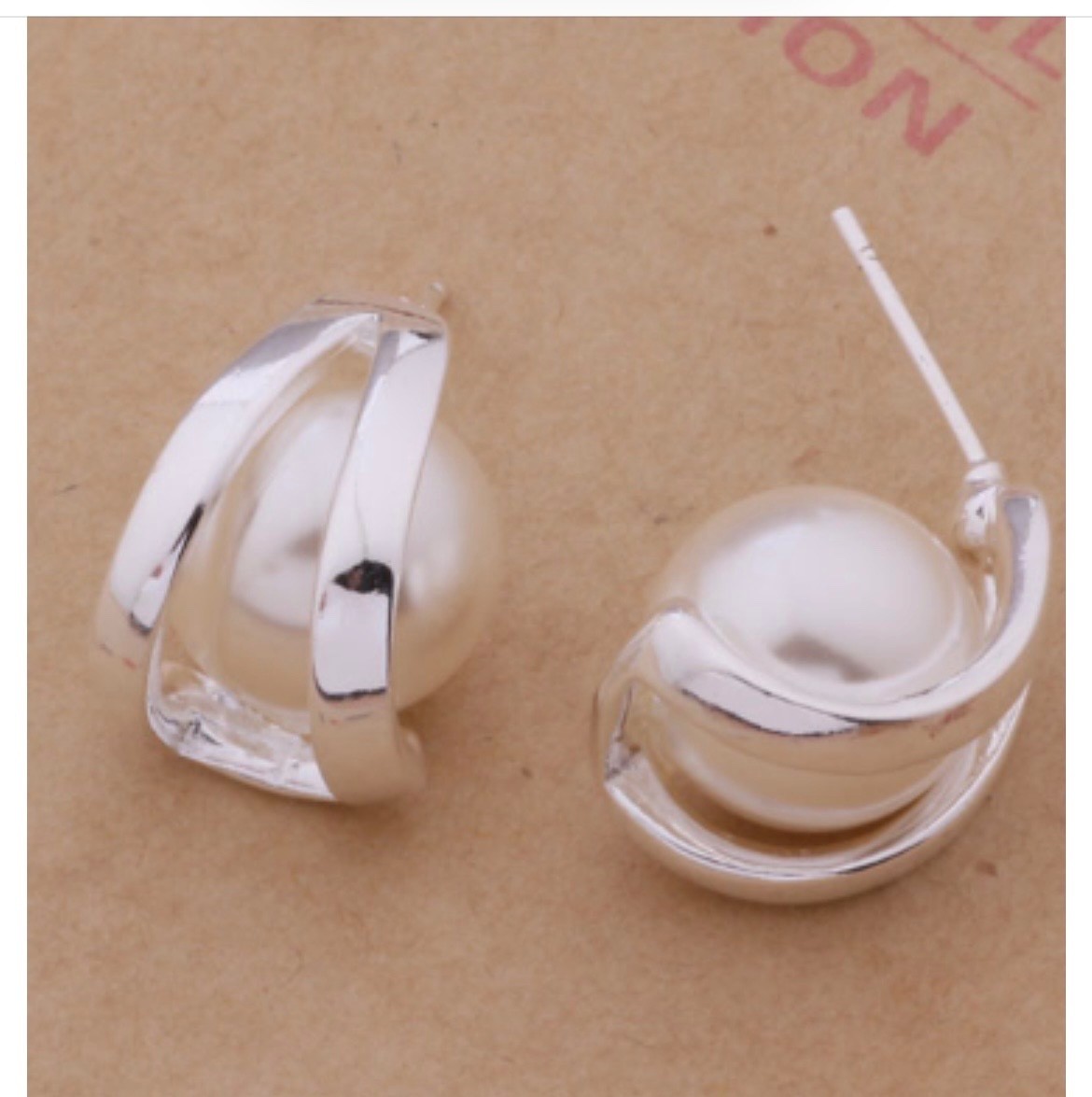 Elegant Silver Pearl Stud Earrings for Women | Modern Geometric Pearl Earrings |
