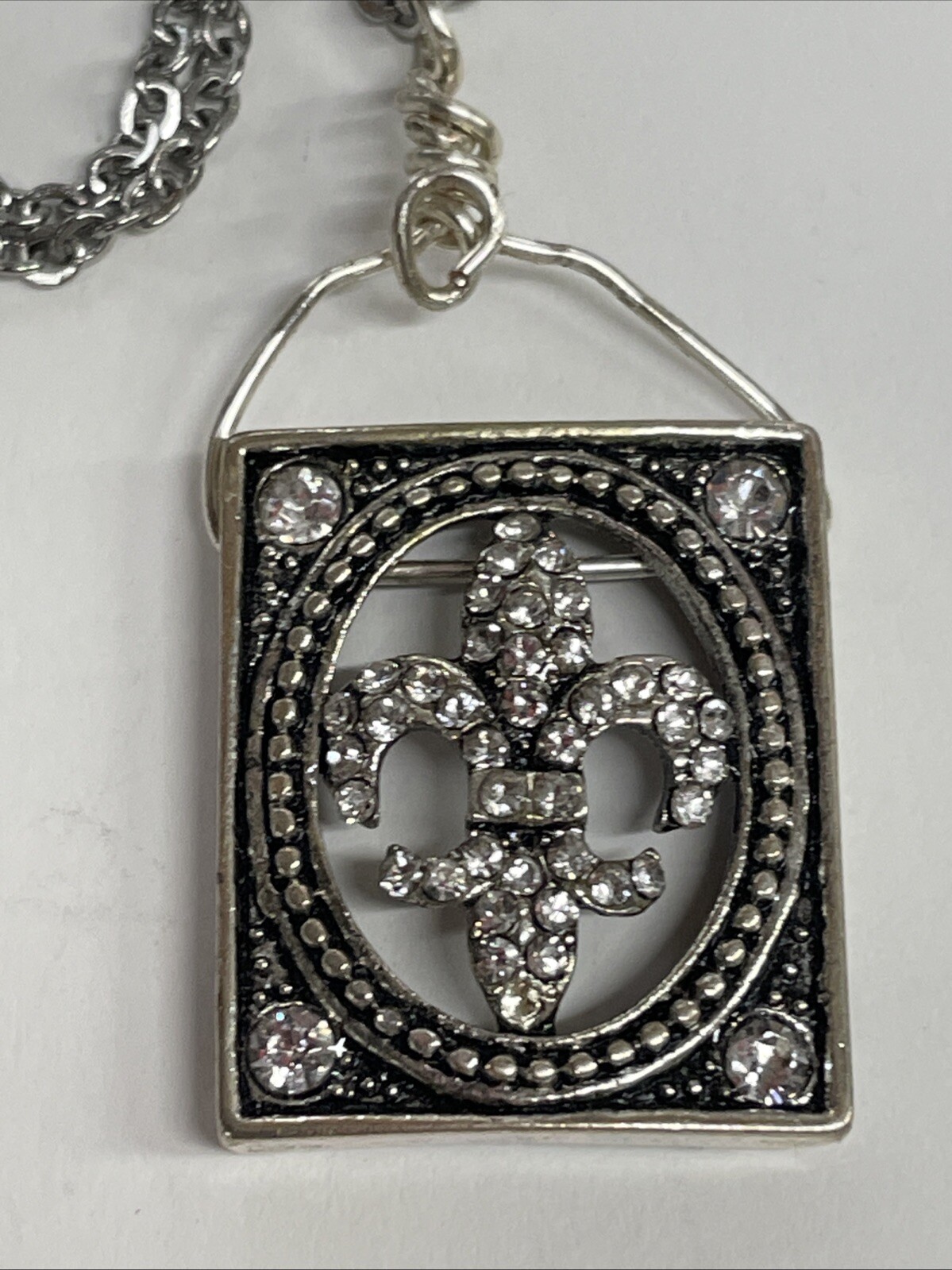 Fleur De Lis Charm Rhinestone Rectangle NECKLACE French 18” Stainless NEW