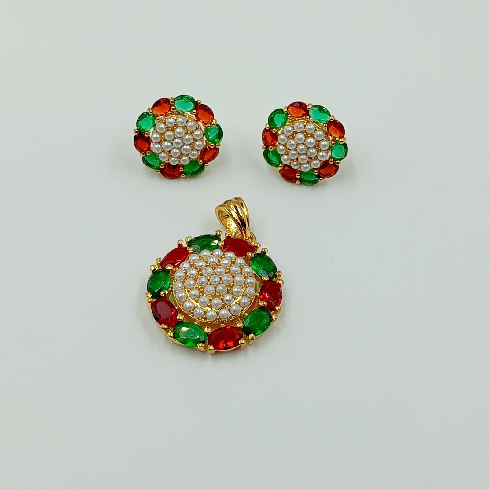 Ruby Emerald Pearl Pendant Studs 22k Gold Plated South Indian Wedding Bridal