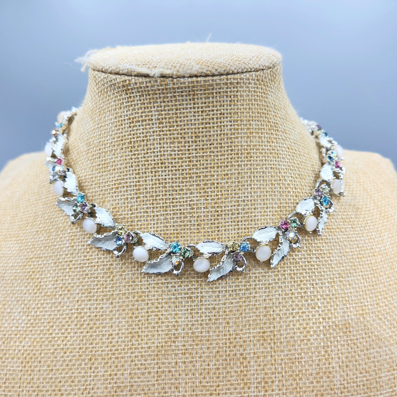 Vintage White Moonglow Enamel Pastel Rhinestone Floral Necklace & Clip Earrings