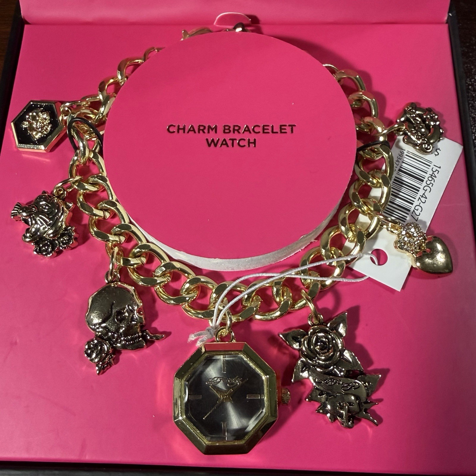 Ed Hardy Women’s Gold Charm All Tattoo Design Bracelet Octagon Watch NWT