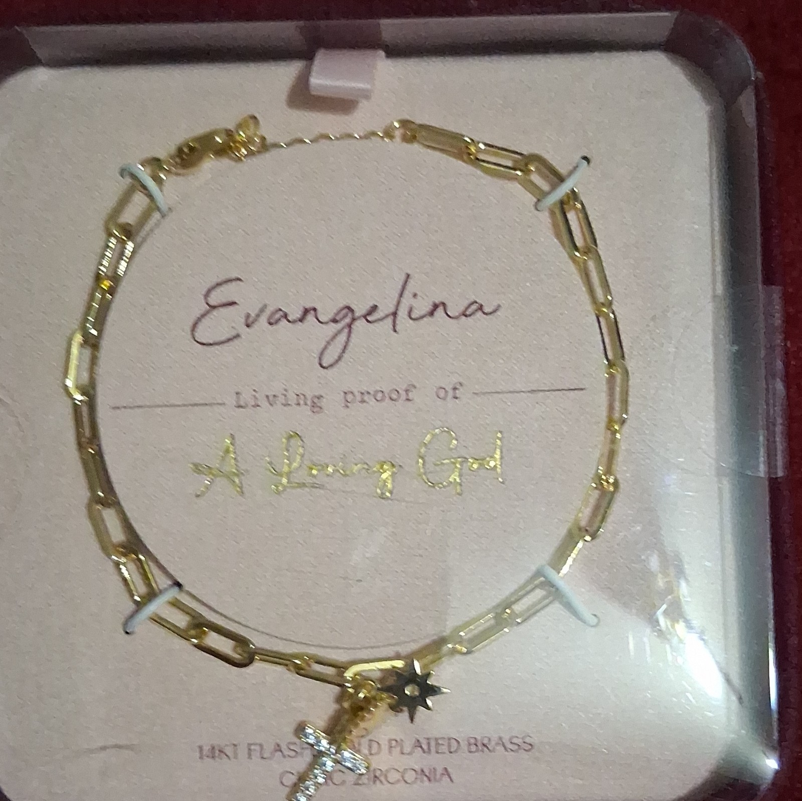 Evangeline Gold-Tone Brass Paperclip Chain CZ Cross Charm Necklace Lobster