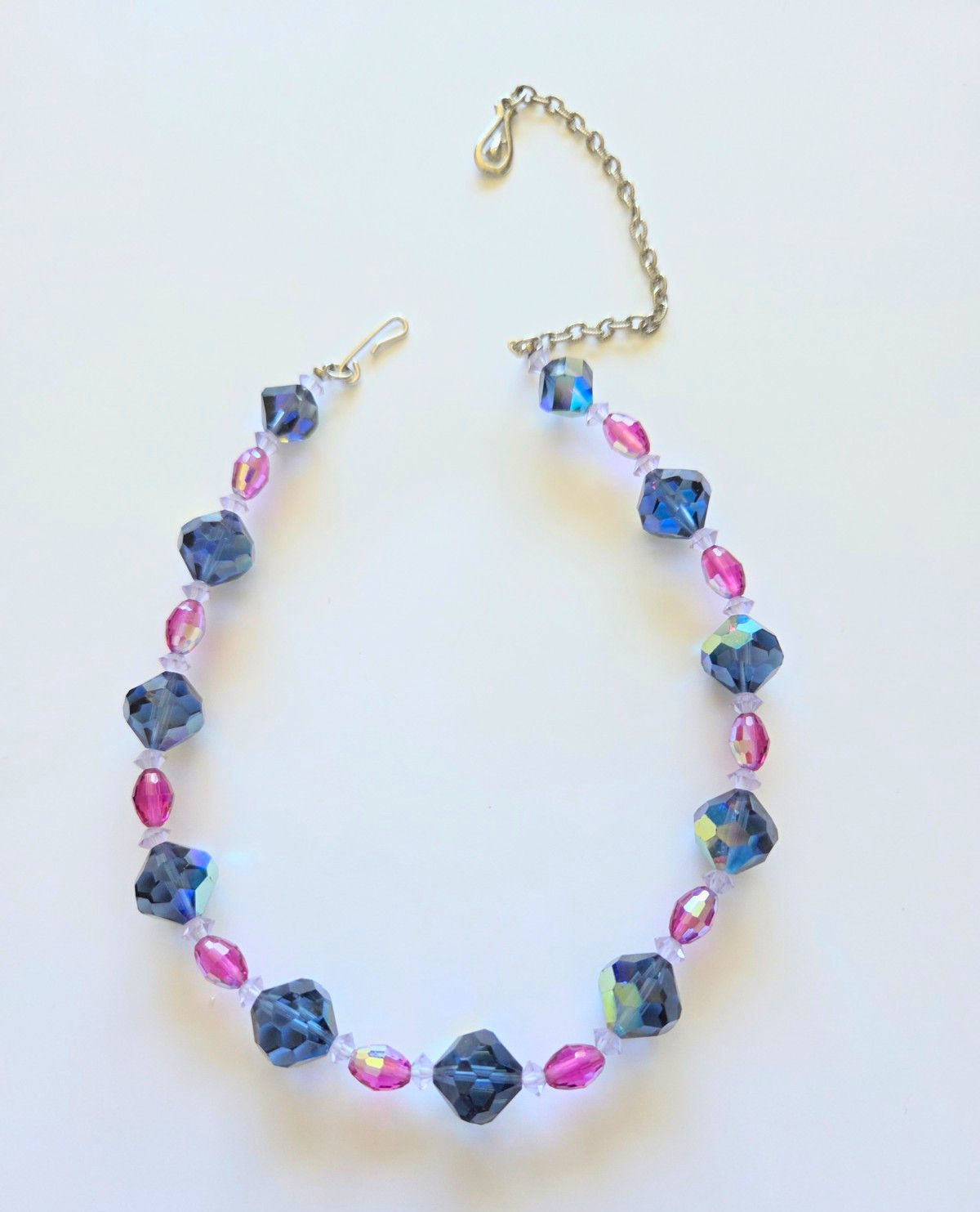 Vintage Blue Gray & Pink Faceted Glass Bead Necklace AB Crystal Adjustable 50s
