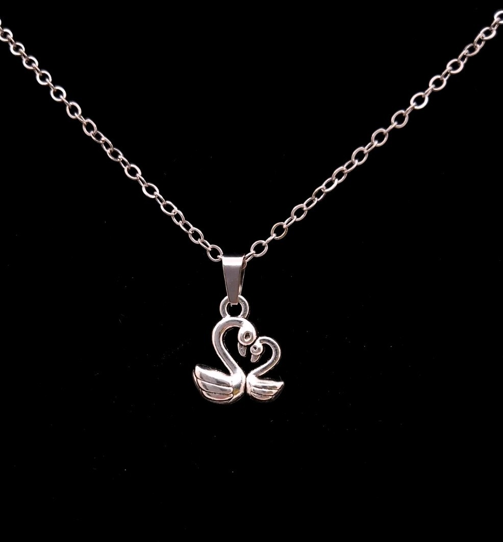 Tiny Double Swan Charm Pendant Necklace Simple Minimalist Gift Silver Toned