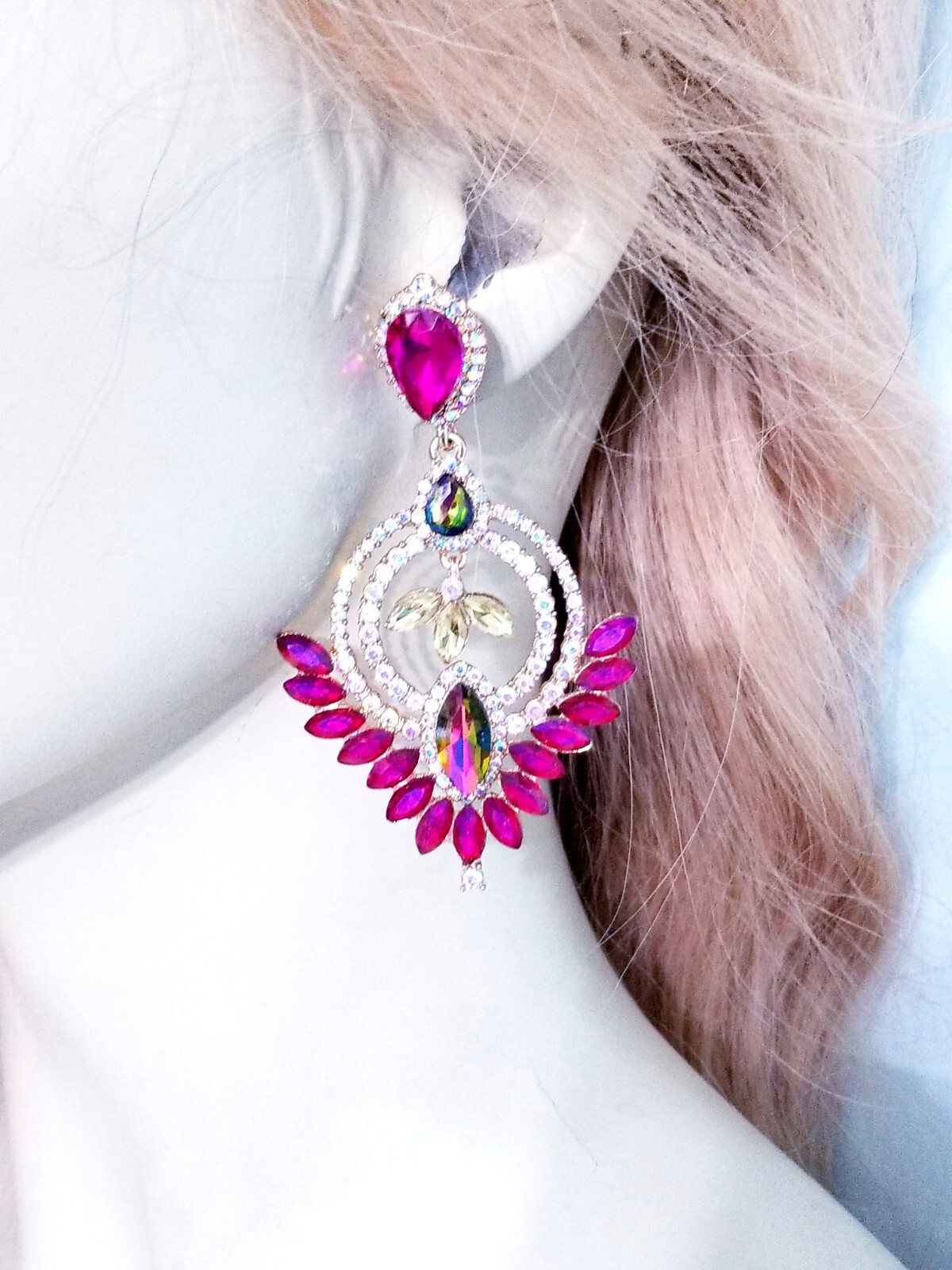 Drop Dangle Bridesmaid Chandelier Earrings 3.2 inch Pink Rhinestone Pageant Prom