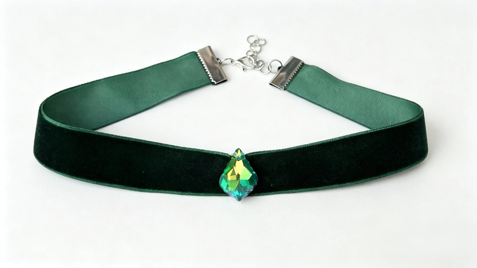 Hand Made Bottle Green Velvet Choker Crystal Pendant. Victorian Gothic Gift