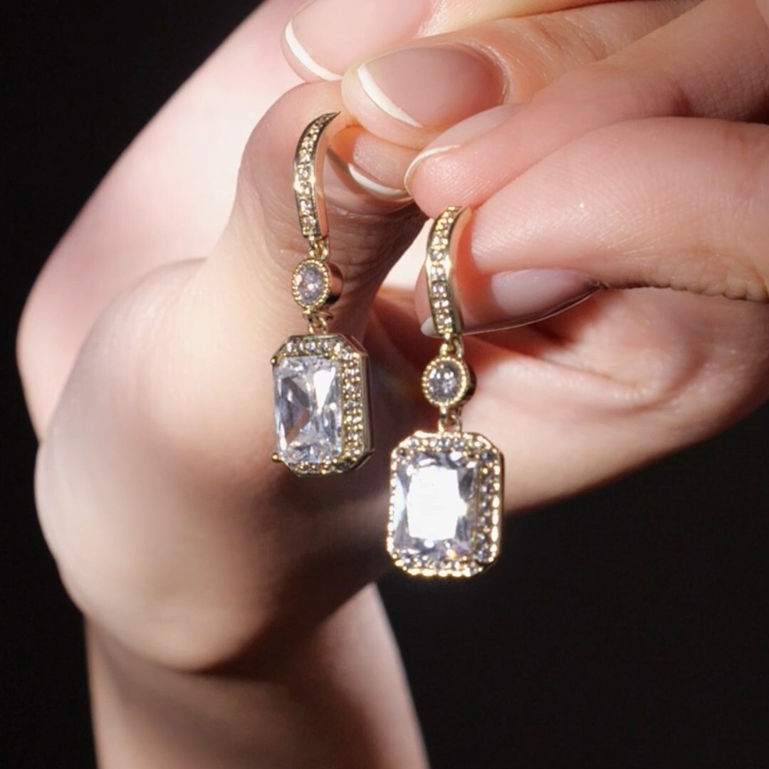 Gold simulated diamond stud elongated octagon drop dangle 925 silver earrings