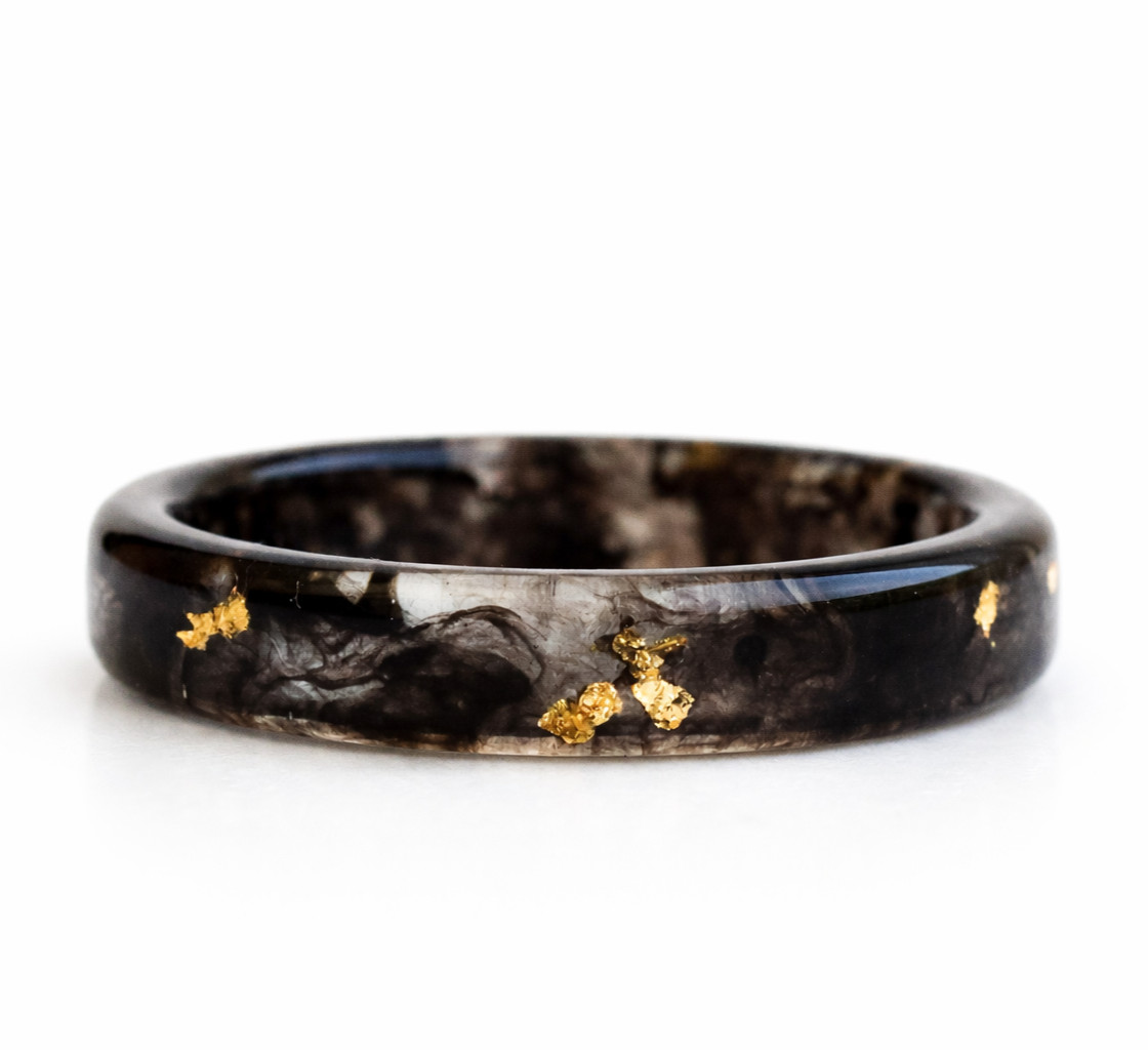 Black Resin Ring With Metal Flakes, Handmade Unisex Band Minimalist Jewelry Gift