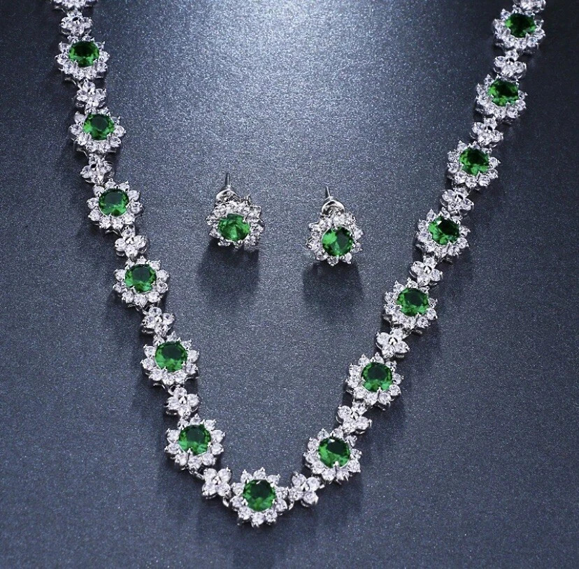 18k White Gold Plated Green Tennis Necklace Earring Set Made Simulated